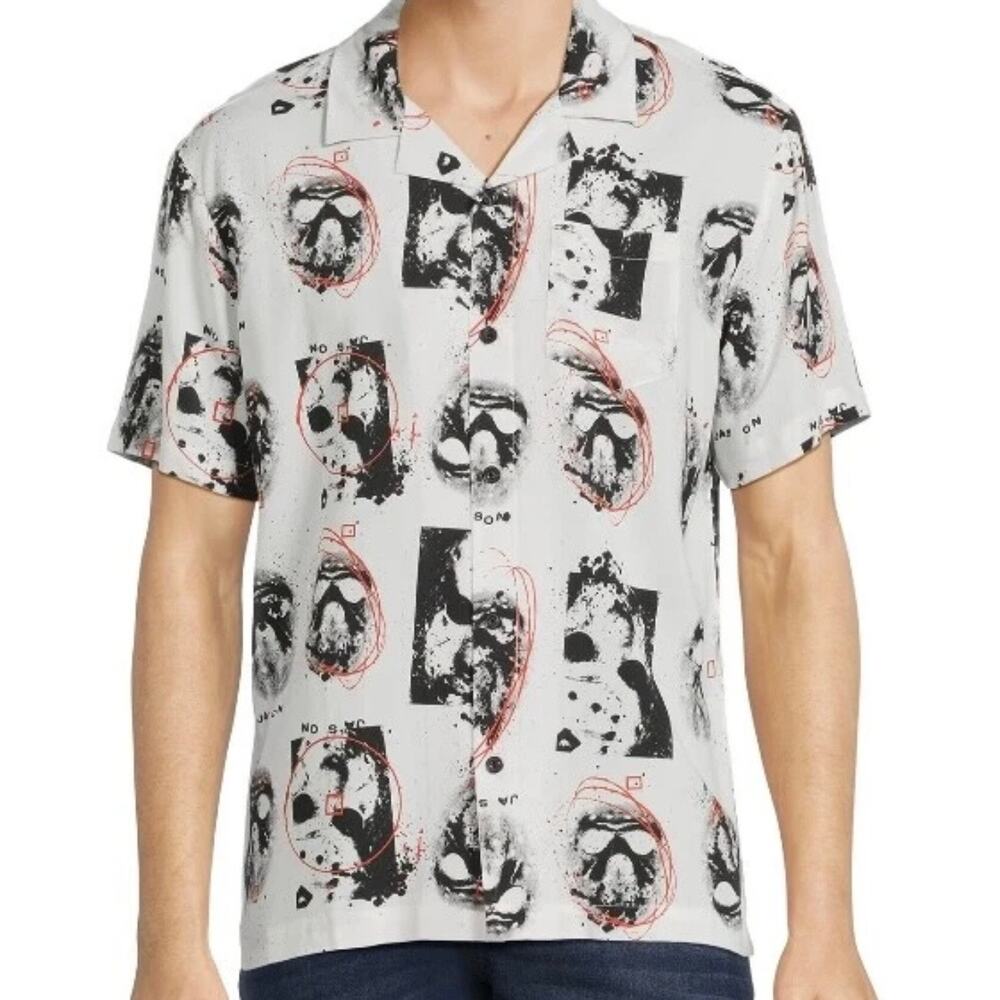 Friday the 13th Mens XXL Jason Mask Scribbkle Print Short Sleeve Button Up Shirt